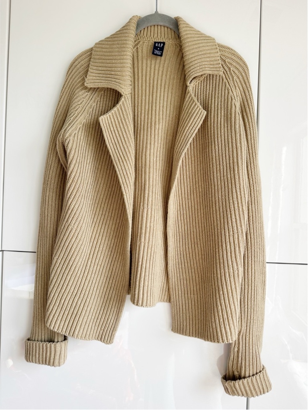 Y2K Gap Chunky Knit Camel Cardigan Sweater Small Collared Ribbed Cotton 90s